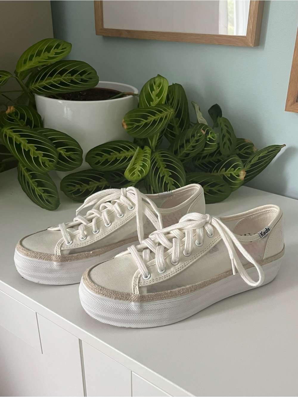 Keds Cream-White Canvas and Mesh Platform Sneakers